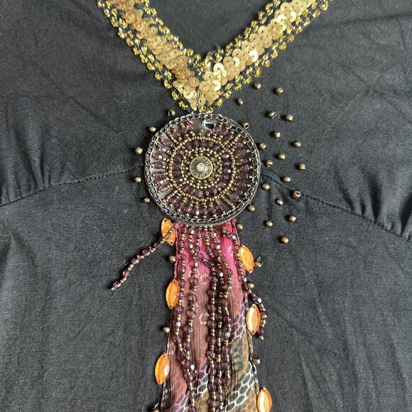 Boho Whimsigoth Sequin Beaded Medallion Top Festival Witchy Gypsy Fairycore M - Picture 8 of 16